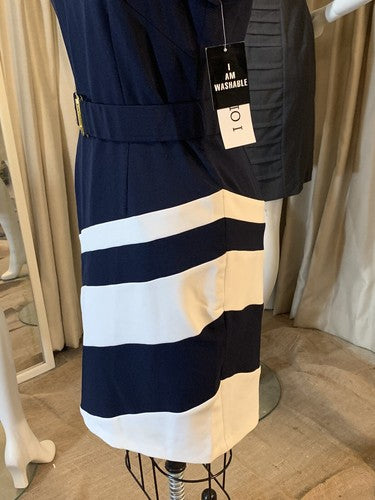 STUDIO I Blue White Stripe Light Stretch Sheath Business Belted Dress Sz 10 NWT