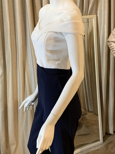 Soieblu White Navy Off Shoulder Sweetheart Neck Stretch Jumpsuit Romper Sz L NWT