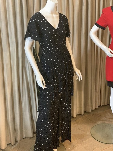 Bar III Women’s Black Polka Dot Draped Maxi Dress Peplum Front Slit NWT MSRP $99
