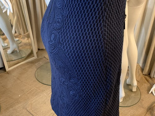 Alberto Makali New York Navy Blue Textured Stretch knit Sheath Dress Sz L $149