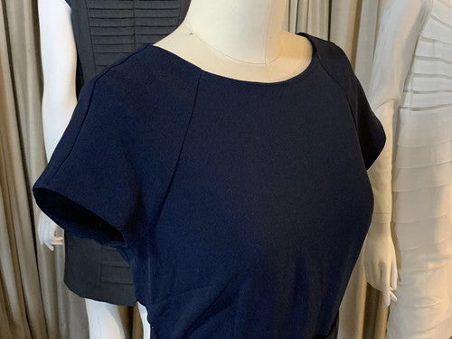 STUDIO I Blue White Stripe Light Stretch Sheath Business Belted Dress Sz 10 NWT