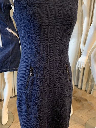 Alberto Makali New York Navy Blue Textured Stretch knit Sheath Dress Sz L $149