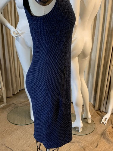 Alberto Makali New York Navy Blue Textured Stretch knit Sheath Dress Sz L $149