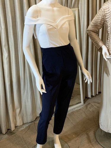 Soieblu White Navy Off Shoulder Sweetheart Neck Stretch Jumpsuit Romper Sz L NWT