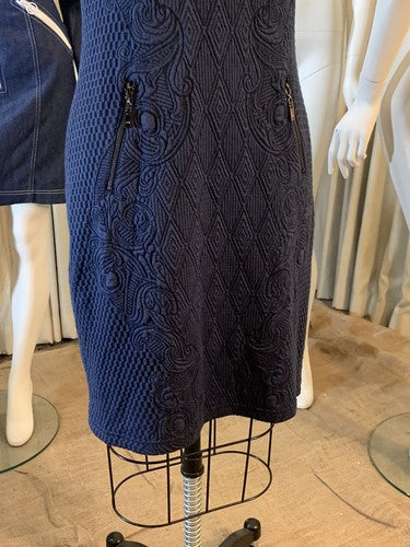Alberto Makali New York Navy Blue Textured Stretch knit Sheath Dress Sz L $149