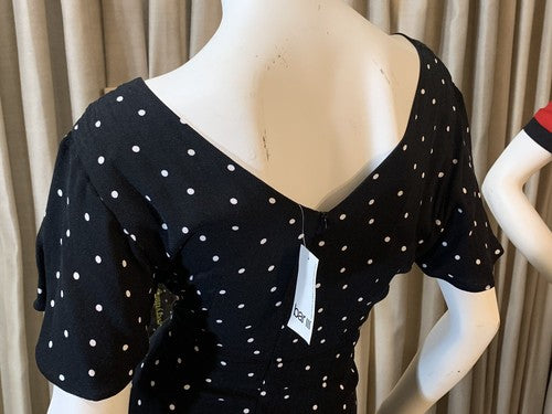 Bar III Women’s Black Polka Dot Draped Maxi Dress Peplum Front Slit NWT MSRP $99