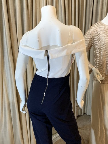 Soieblu White Navy Off Shoulder Sweetheart Neck Stretch Jumpsuit Romper Sz L NWT