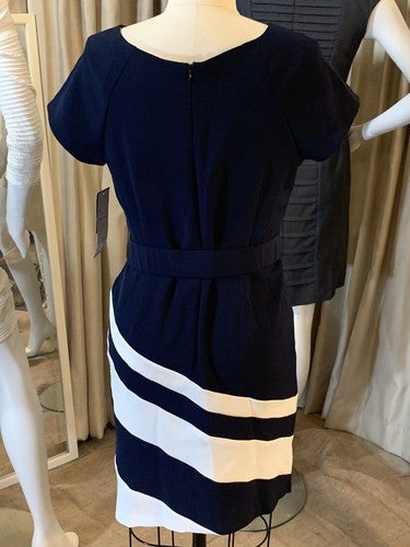 STUDIO I Blue White Stripe Light Stretch Sheath Business Belted Dress Sz 10 NWT