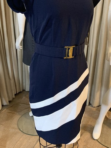 STUDIO I Blue White Stripe Light Stretch Sheath Business Belted Dress Sz 10 NWT