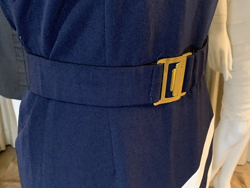 STUDIO I Blue White Stripe Light Stretch Sheath Business Belted Dress Sz 10 NWT