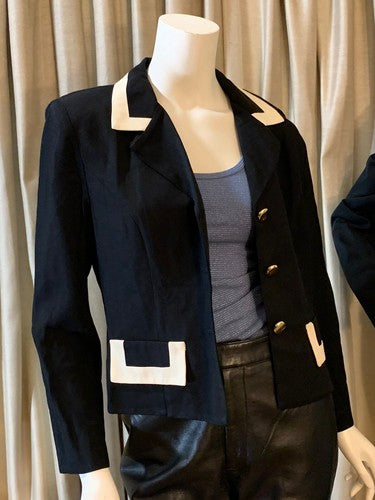 Dani Max Petite Vintage Dark Blue White Blazer Jacket Sz 10 NWT MSRP $99