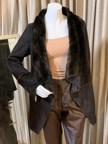 Michael Kors Soft Faux Suede Fur Draped Brown Designer Jacket Sz M NWT MSRP $395