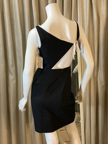 David Meister Blk White Sleeveless Zip Cocktail Dress Open Back Tie Up NWT $260