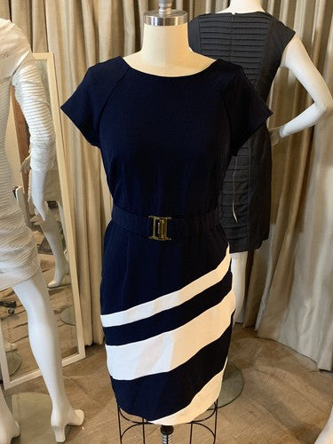 STUDIO I Blue White Stripe Light Stretch Sheath Business Belted Dress Sz 10 NWT