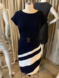 STUDIO I Blue White Stripe Light Stretch Sheath Business Belted Dress Sz 10 NWT