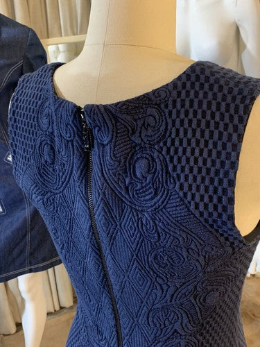 Alberto Makali New York Navy Blue Textured Stretch knit Sheath Dress Sz L $149
