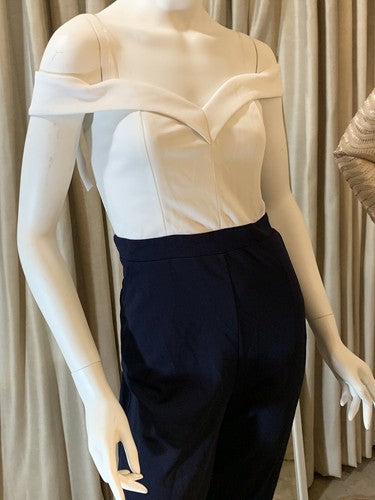 Soieblu White Navy Off Shoulder Sweetheart Neck Stretch Jumpsuit Romper Sz L NWT