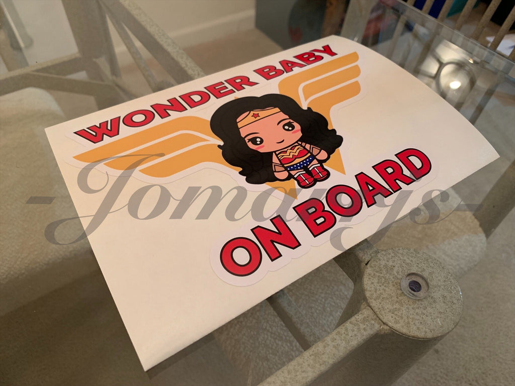Custom Wonder Baby or Kid on Board Vinyl Sticker Decal Cute woman dc comic girl