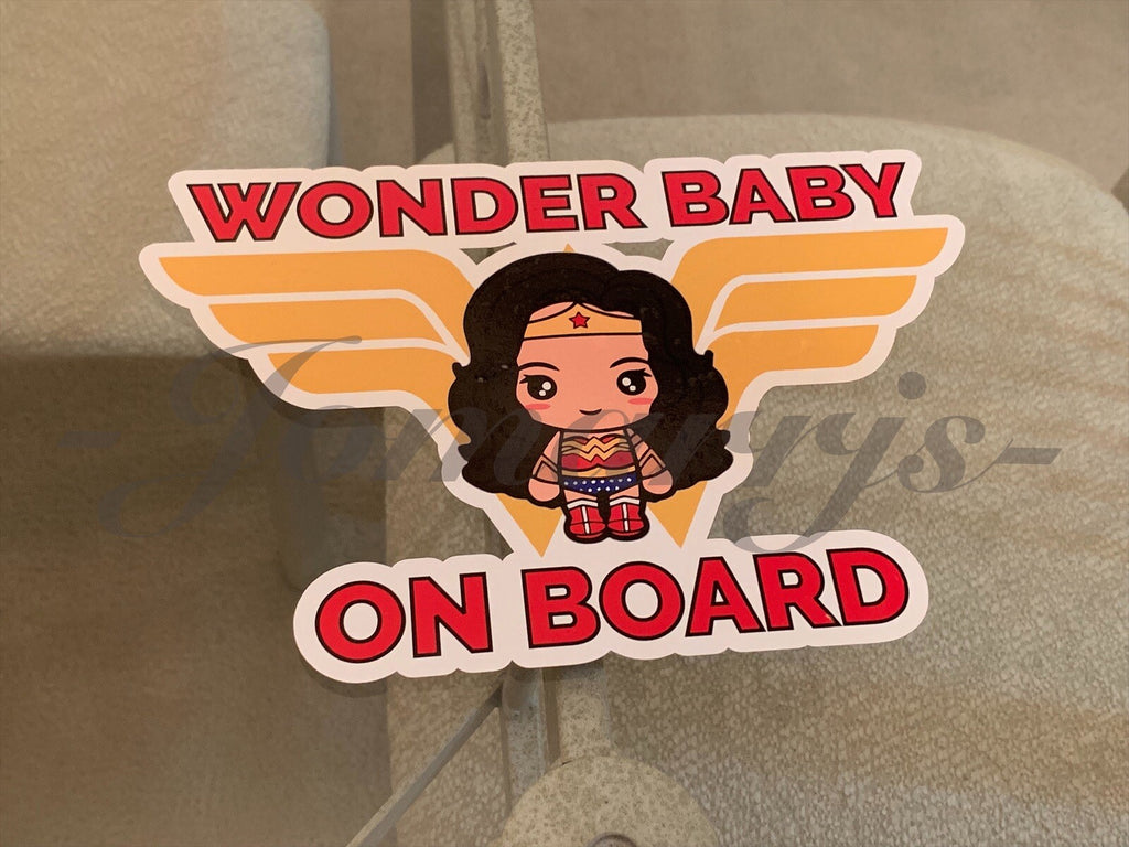 Custom Wonder Baby or Kid on Board Vinyl Sticker Decal Cute woman dc comic girl