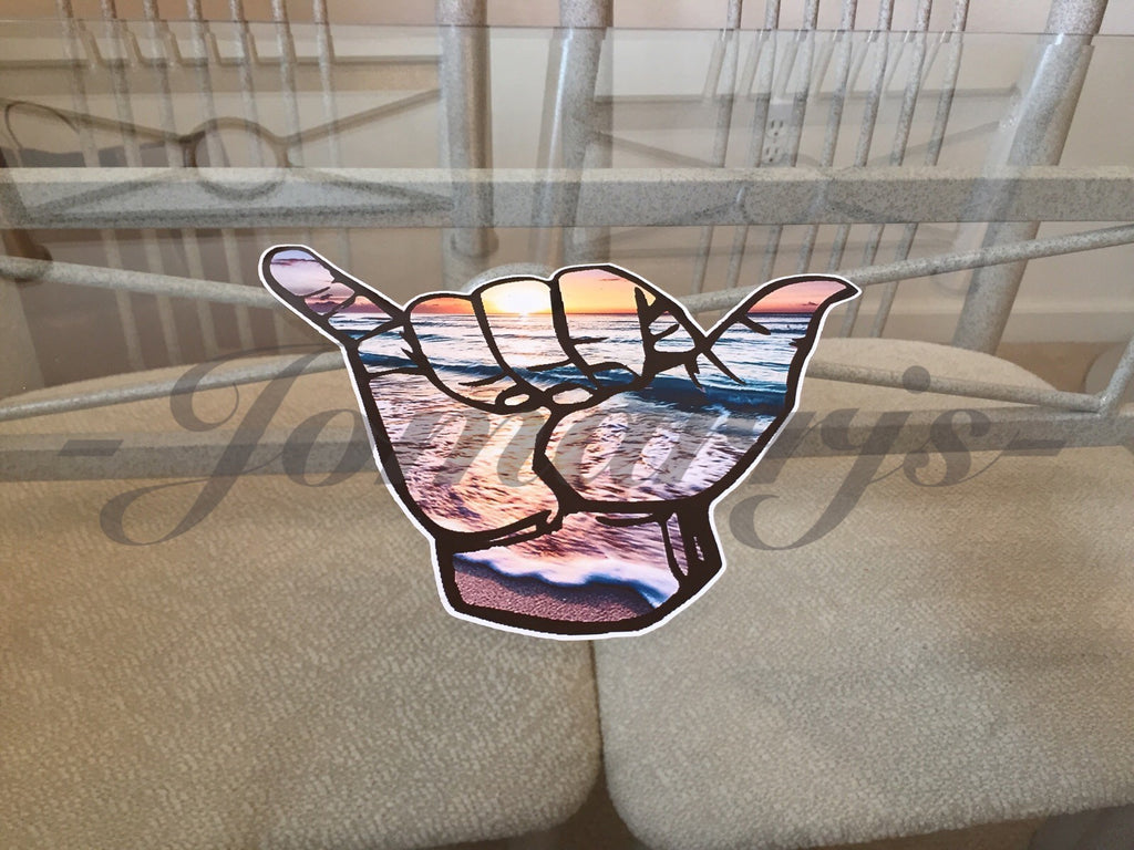 Hang Loose Good Vibes Surfing Beach Scenic Sunset Sticker Decal Shaka ten 10