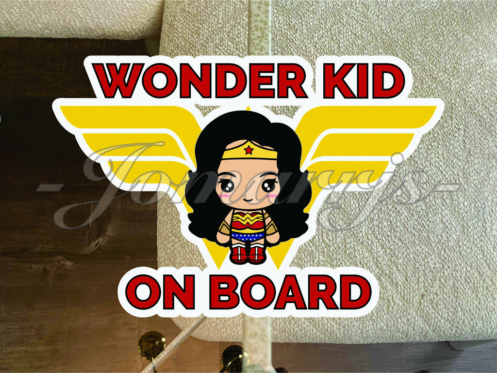Custom Wonder Baby or Kid on Board Vinyl Sticker Decal Cute woman dc comic girl