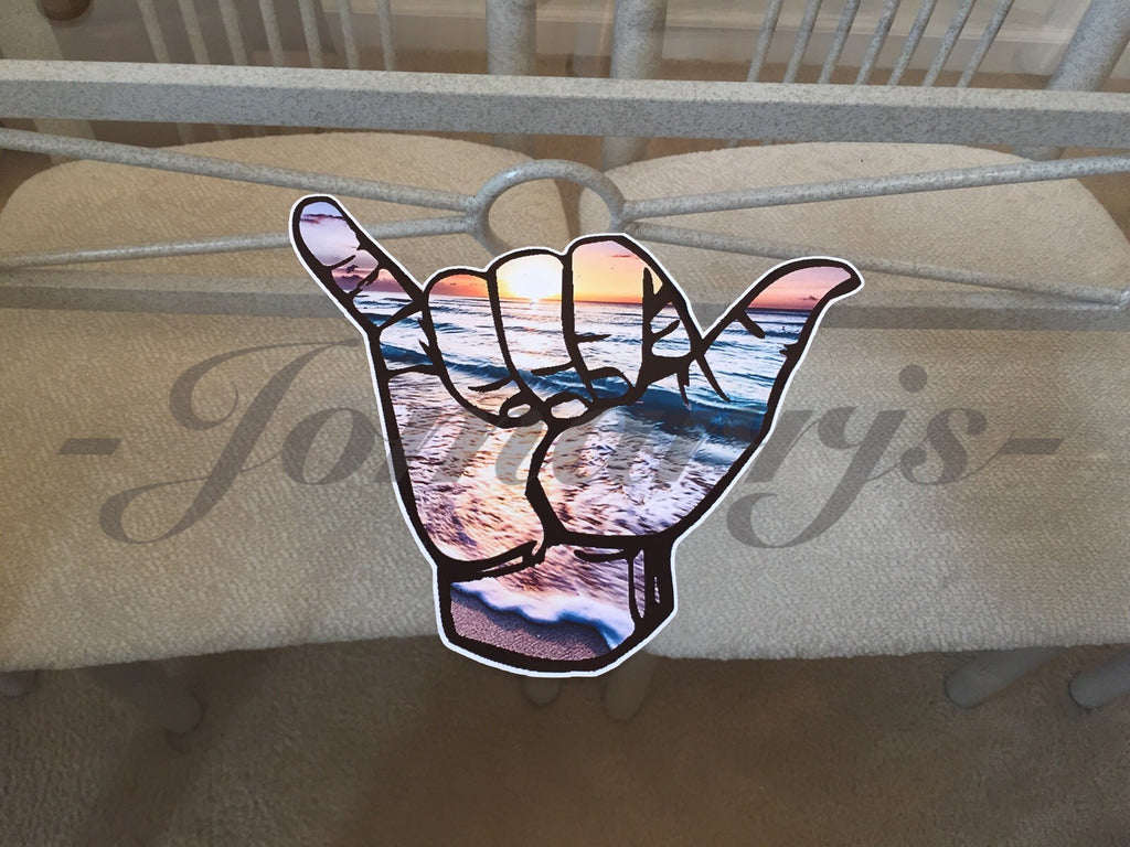 Hang Loose Good Vibes Surfing Beach Scenic Sunset Sticker Decal Shaka ten 10
